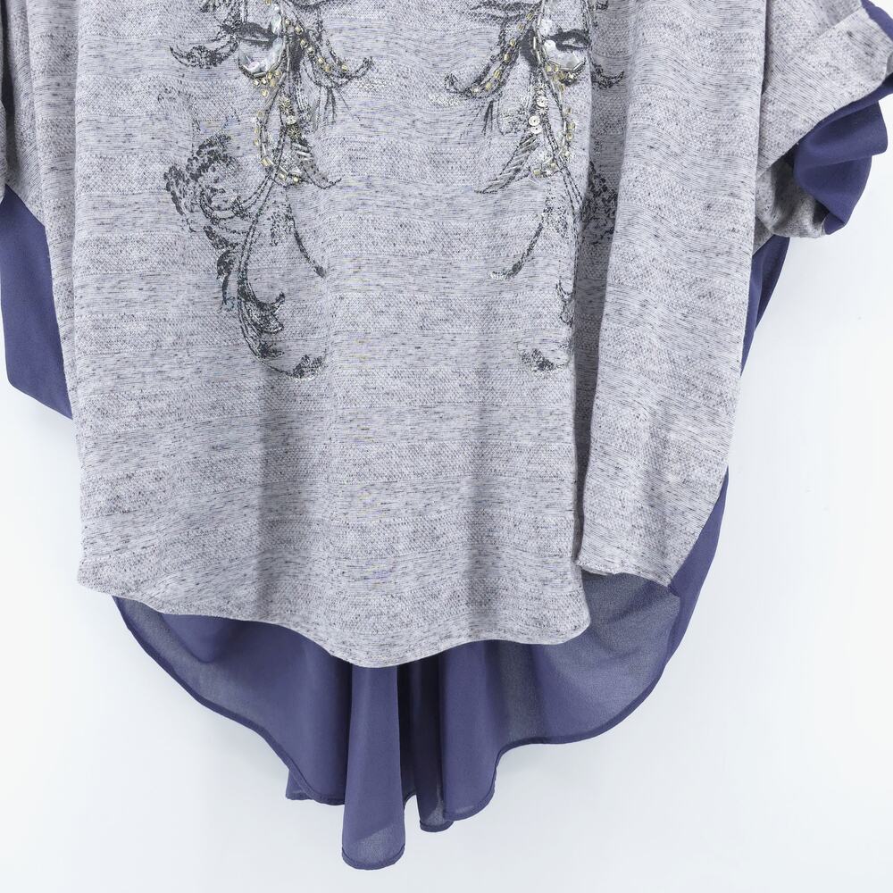 Miss Me Medium Boho Beaded Floral Periwinkle Romantic Top Chiffon Gathered Back - Picture 3 of 11